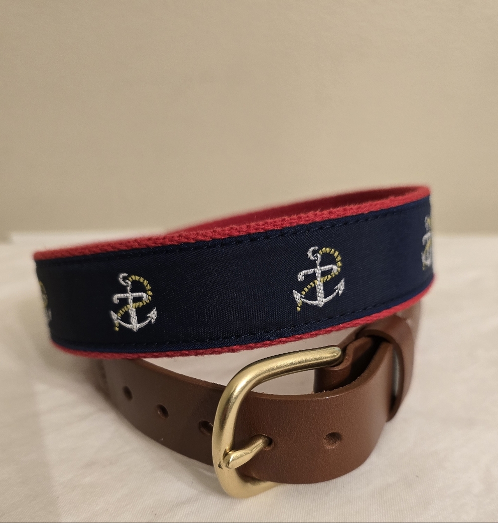 Fine And Dandy Brand Nautical Anchor Design Men's Belt - Brown and Navy Size 34